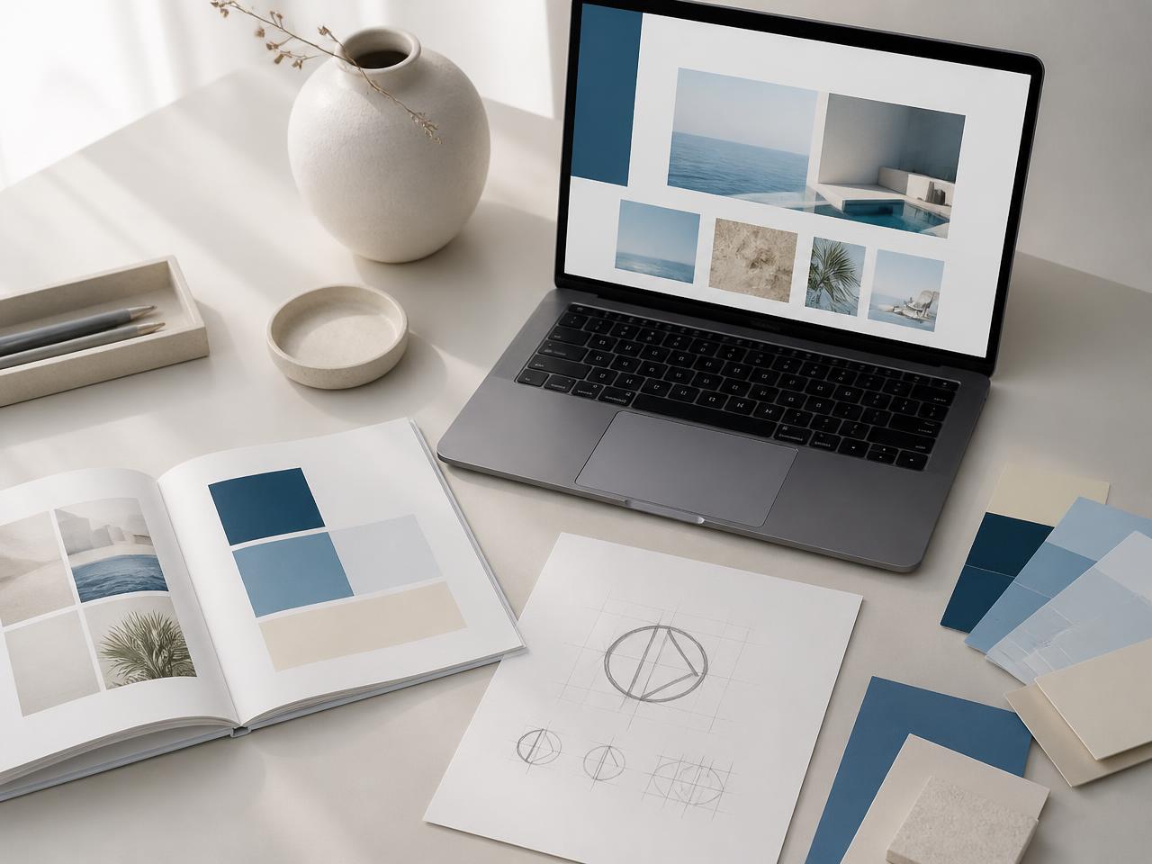 Design studio desk with a website layout, brand booklet and colour swatches